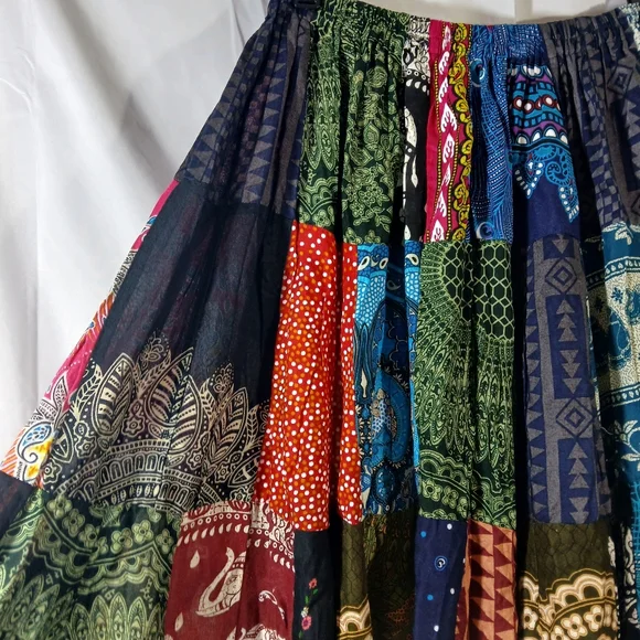 Womens Patchwork Long Maxi Peasant Skirt Boho Heavy Hippie Gypsy Colorful - Picture 4 of 10
